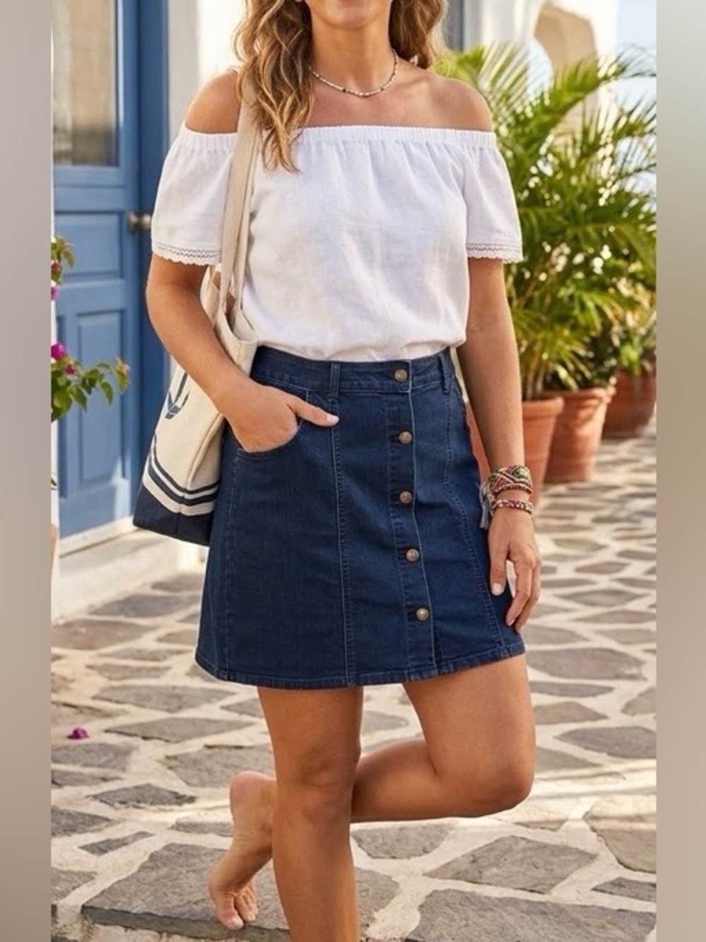 George Dark Blue Button-Front  Denim Skirt